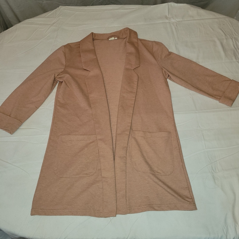 Blue Motion Medium Women's Tan Open Front Long Casual Cardigan Pocket 3/4 Sleeve